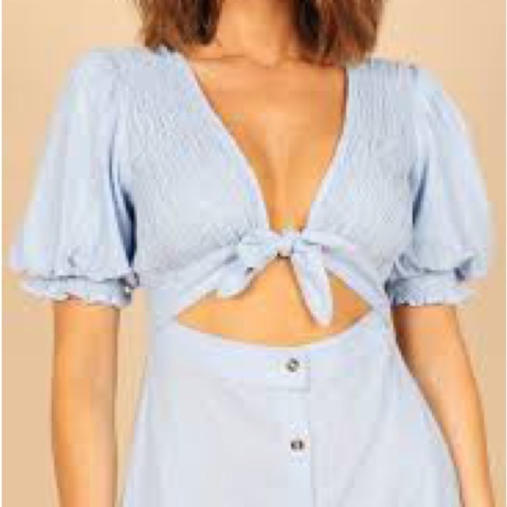 Light Blue Tie-Front Puff Sleeve Dress
